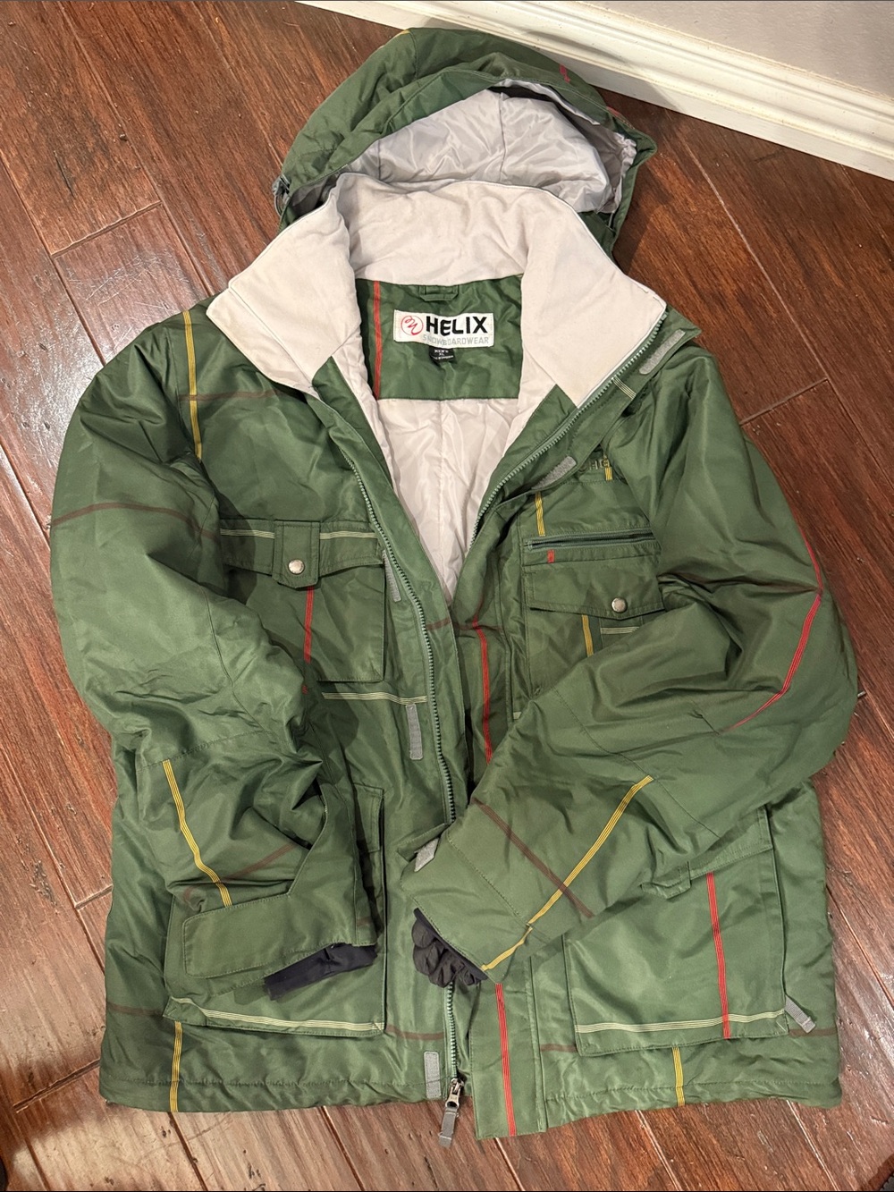 Helix Green Hooded Ski Jacket with Red and Yellow Stripes